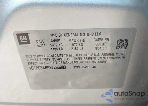 2014 Chevrolet Cruze 1Lt Auto z USA, uszkodzony, nr VIN 1G1PC5SB5E7296903